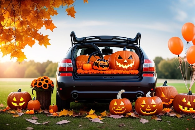 A large car decorated for Halloween with cobwebs pumpkins orange balloons and sweets