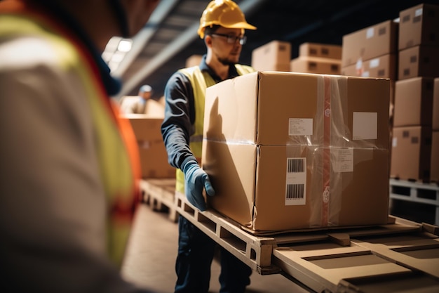 A large cardboard box handled by an operator in a logistics center Ai generated