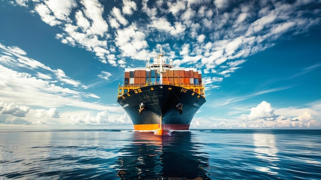 A large cargo ship carrying containers sails through the vast ocean waters