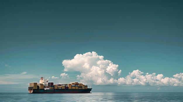 A large cargo ship carrying containers sails through the vast ocean