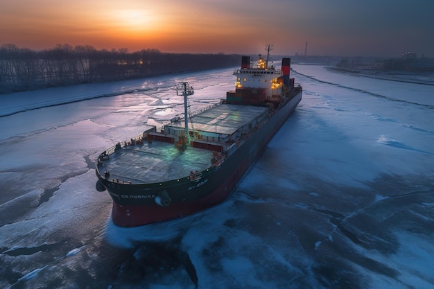 A large cargo ship on a frozen river Generative AI image