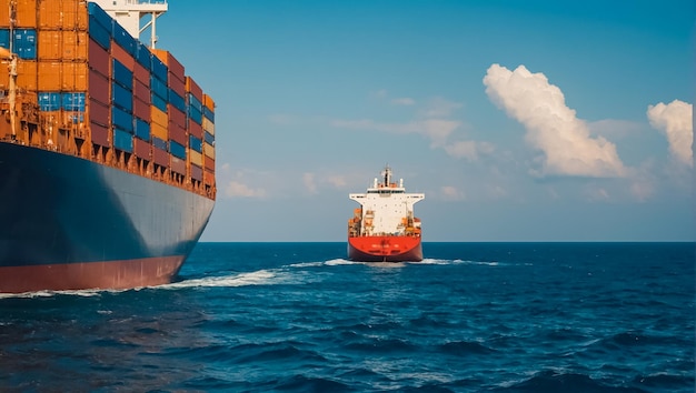 a large cargo ship is sailing in the ocean