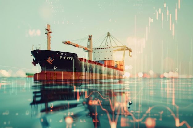 A large cargo ship moves gracefully through calm waters overlaid with financial graphs emphasizing the blend of maritime commerce and global economy