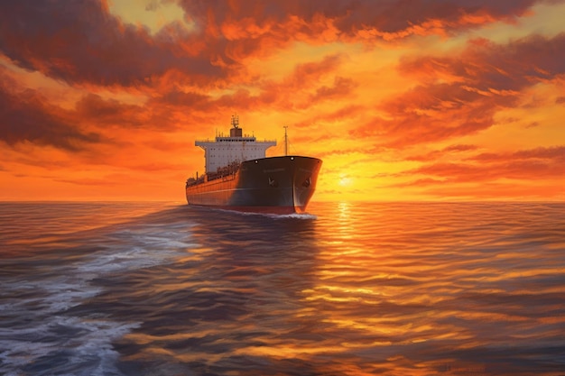 Large cargo ship sailing in open sea during sunset created with generative ai