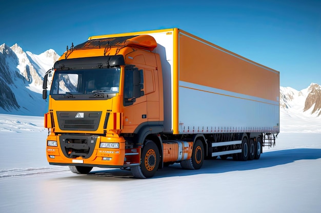 Large cargo truck with orange cabin for intermountain cargo transportation