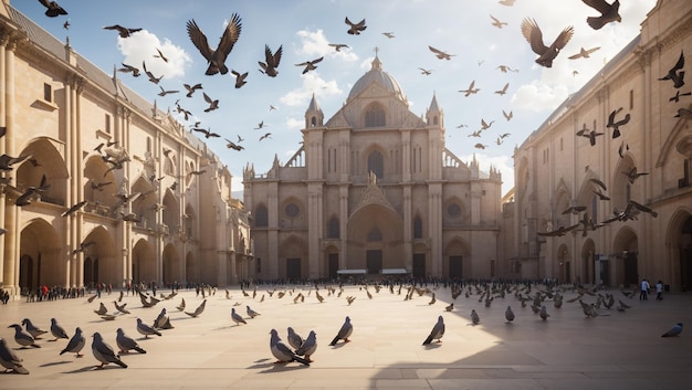 large cathedral with a grand facade and many pigeons flying around the front of it