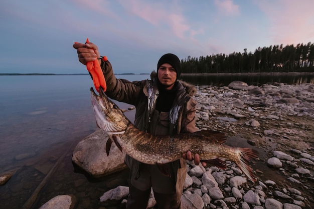 Large caught pike fish in hands of male fisherman on lake shore