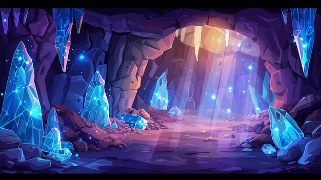 Large cave with gemstones on walls Vector cartoon illustration of underground mine with sparkling blue mineral stones rocky stalactites in dungeon sunlight at exit treasure search game background