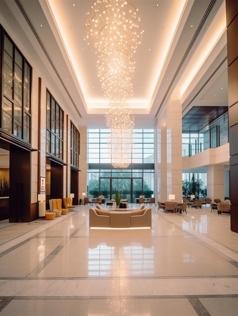 A large chandelier hangs from the ceiling of a large lobby.