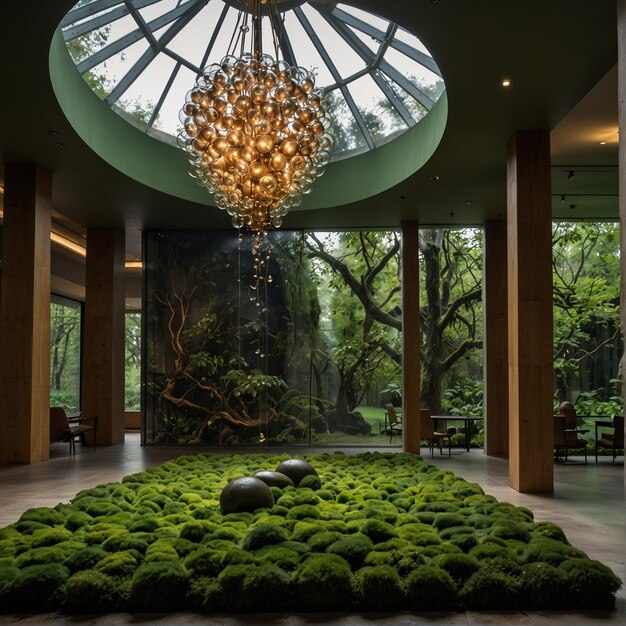 a large chandelier hangs from a ceiling in a lobby