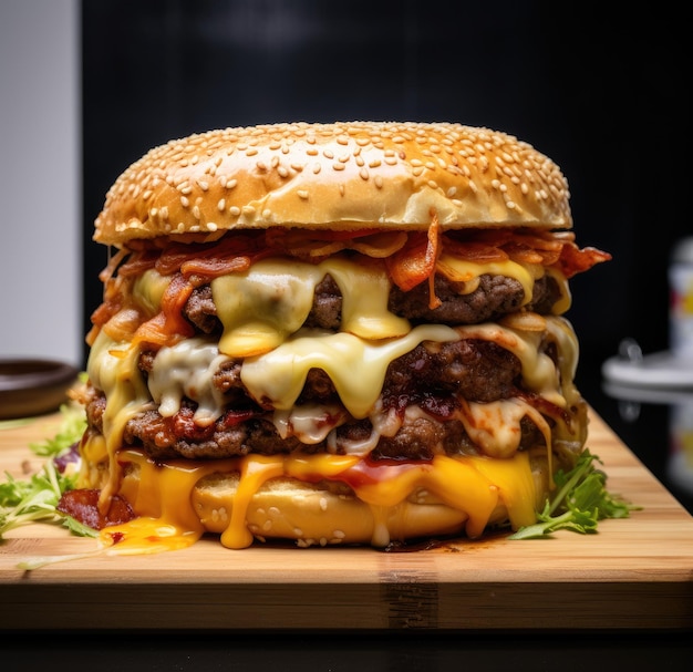 a large cheeseburger on a wooden board