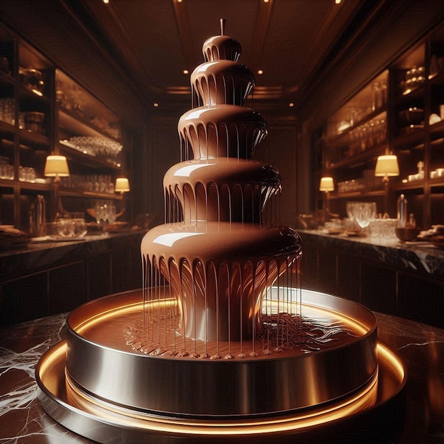 a large chocolate cake is in a round bowl with a gold ring around the center