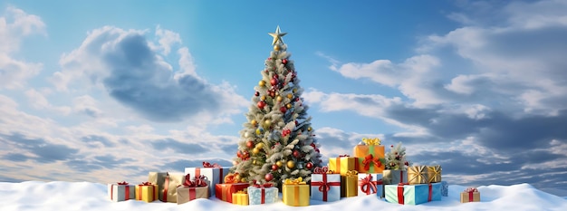 A large Christmas tree in the snow near a bright blue sky with presents in it