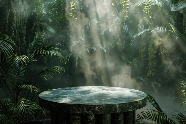 Photo large circular marble pedestal in a vibrant green jungle