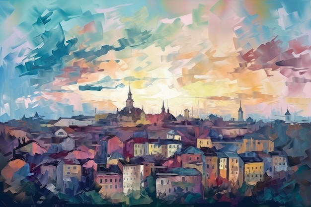 Large city in the style of impressionism painting Illustration AI Generative