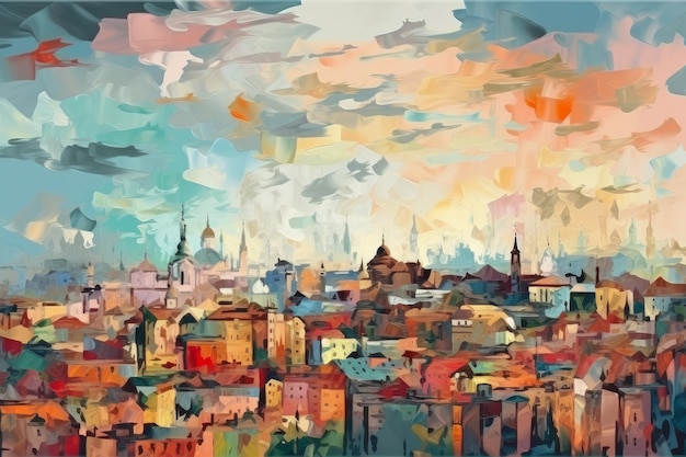 Large city in the style of impressionism painting Illustration AI Generative