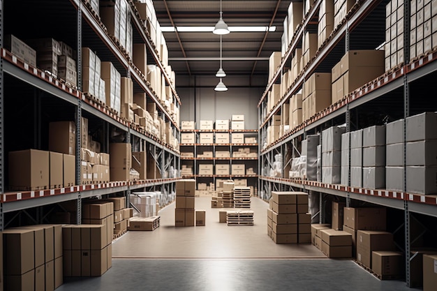 A large clean warehouse with shelfs carboard boxes and products Generative AI Interior of a industrial warehouse with many shelves with yellow and white box packing