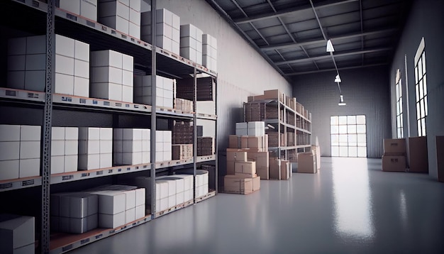 A large clean warehouse with shelfs carboard boxes and products Generative AI