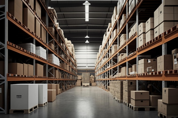 A large clean warehouse with shelfs carboard boxes.