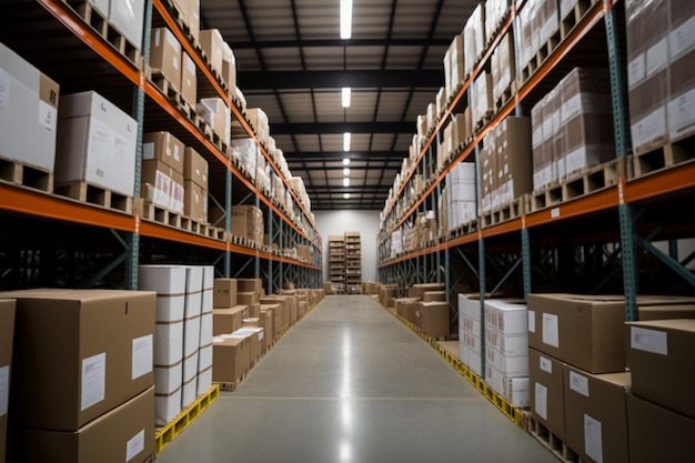 A large clean warehouse with shelfs carboard boxes.