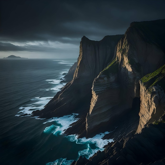 A large cliff with the ocean in the background