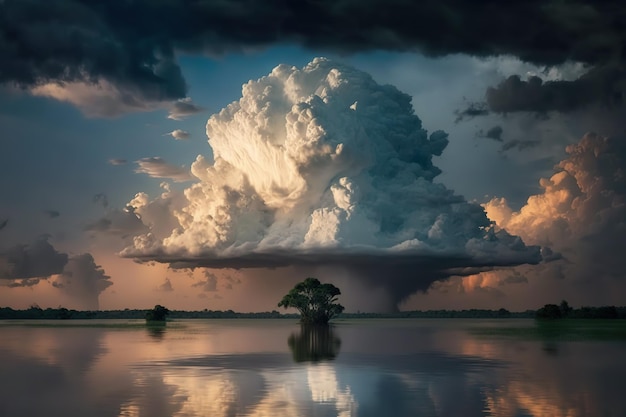 A large cloud over a lake with a tree in the foreground