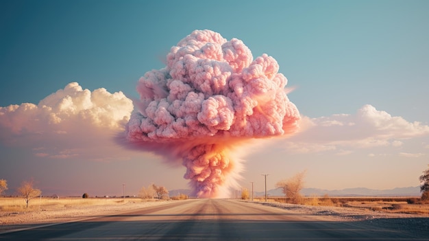 a large cloud of pink smoke on a road