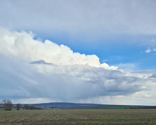 Photo a large cloud in the sky is over a field.