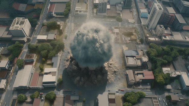 A large cloud of smoke is coming out of a large explosion in a city.