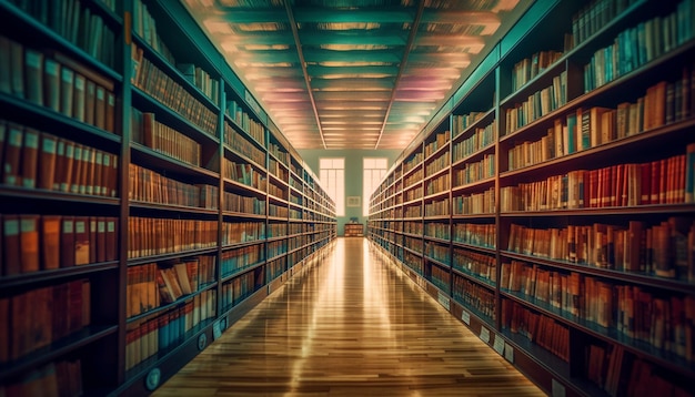 A large collection of ancient hardcover books in a dimly lit library generated by AI