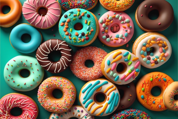 A large collection of donuts with different colors and sprinkles.