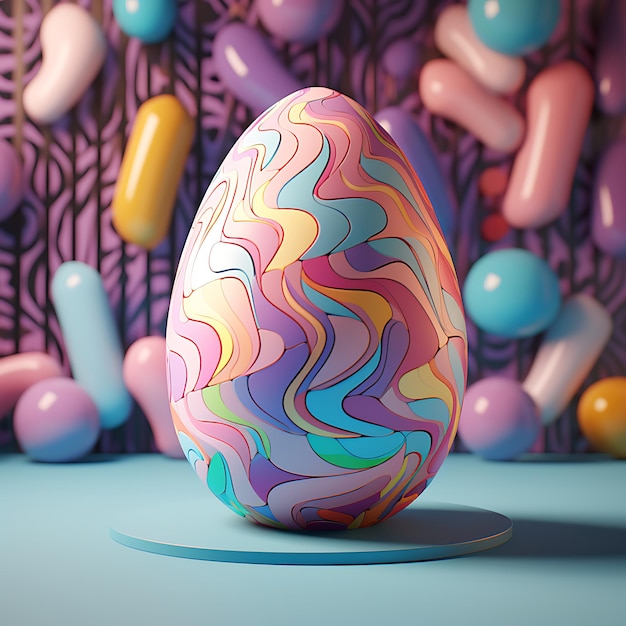 Photo a large colorful easter egg with a wavy pattern stands on a blue surface against a background of pastelcolored eggs