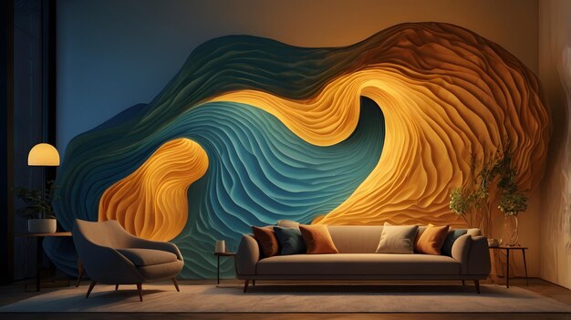 Photo a large colorful light painting is on a wall in a living room