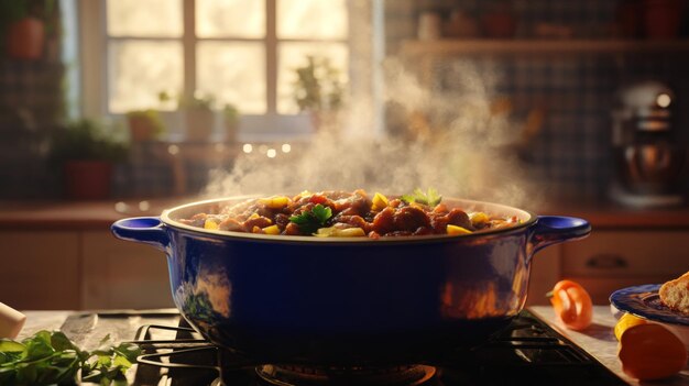 A large colorful pot filled with a hearty stew with steam rising from the contents creating a warm and inviting kitchen scene