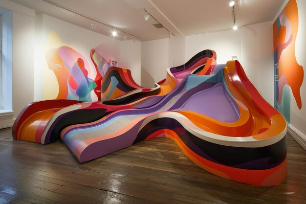 Photo large colorful sculpture stands out in a white room showcasing vibrant hues and abstract shapes a contemporary art gallery with abstract sculptures and interactive installations