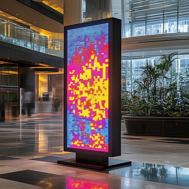 Photo a large colorful sign in a lobby of a building with a colorful background