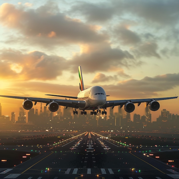 a large commercial airplane is taking off from an airport runway