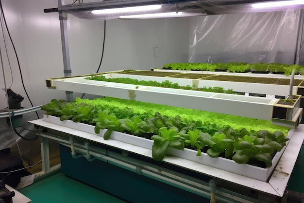 Large commercial aquaponics system with fish and vegetable growth created with generative ai