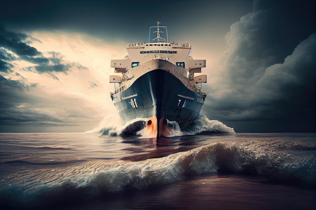 Large commercial ship in middle of huge lake with flooded banks flood consequences