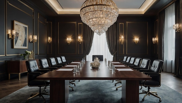 a large conference room with a chandelier hanging from the ceiling