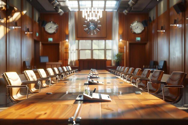 a large conference room with a large wooden table with chairs and a clock on the wall