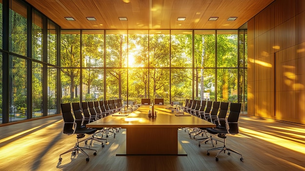 A large conference room with a long table and many black chairs