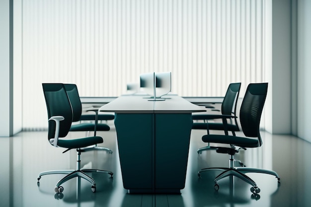 A large conference table with chairs and a large window behind it.