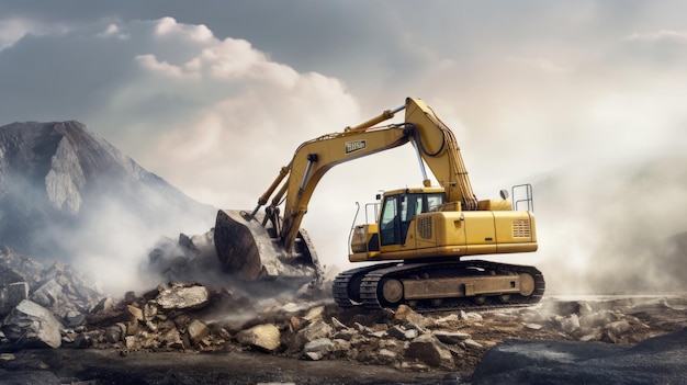 A large construction back hoe vehicle on a large rock pile with another construction vehicle working in the background Sky is hazy to indicate dust and an active work site