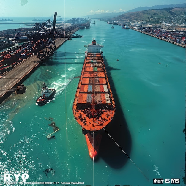 Photo large container ship tugboats gently marked its speed on the water surface