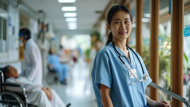 A large copy space in a hospital portrait of an Asian woman nurse Generative AI