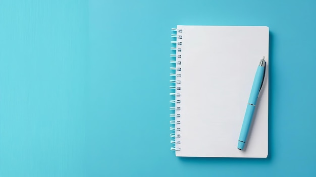 A large copy space with a traditional blue background with a white and blue office notebook and pen Generative AI