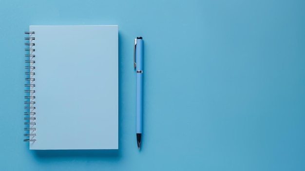 A large copy space with a traditional blue background with a white and blue office notebook and pen Generative AI