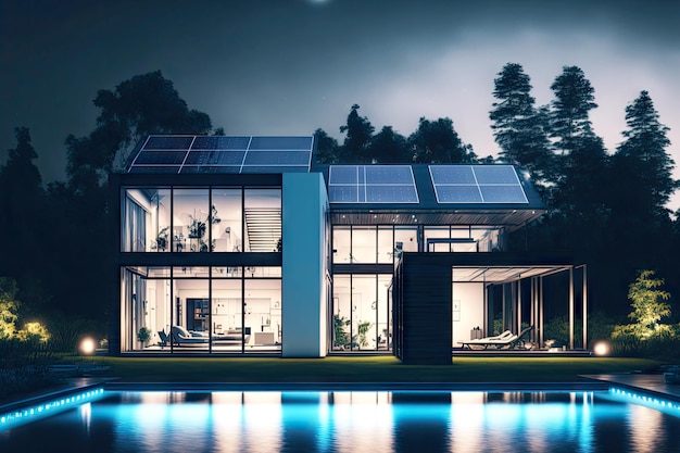 Large country house with contemporary exterior house with solar panels on roof in night with swimmin