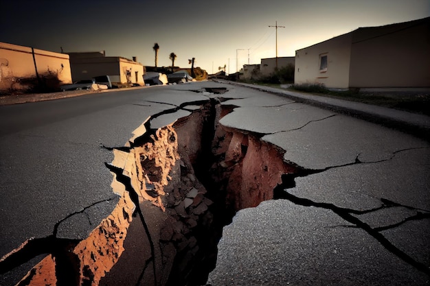 Large cracks in ground after tremors aftermath earthquake created with generative ai